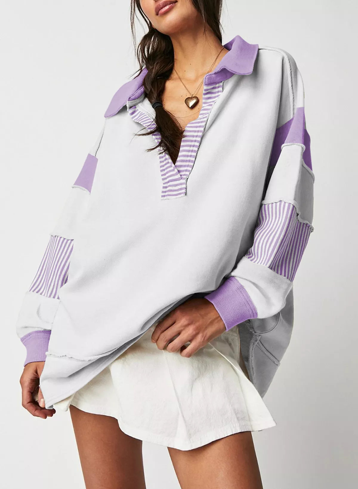 Color Block Striped Johnny Collar Sweatshirt - Lilixa.store