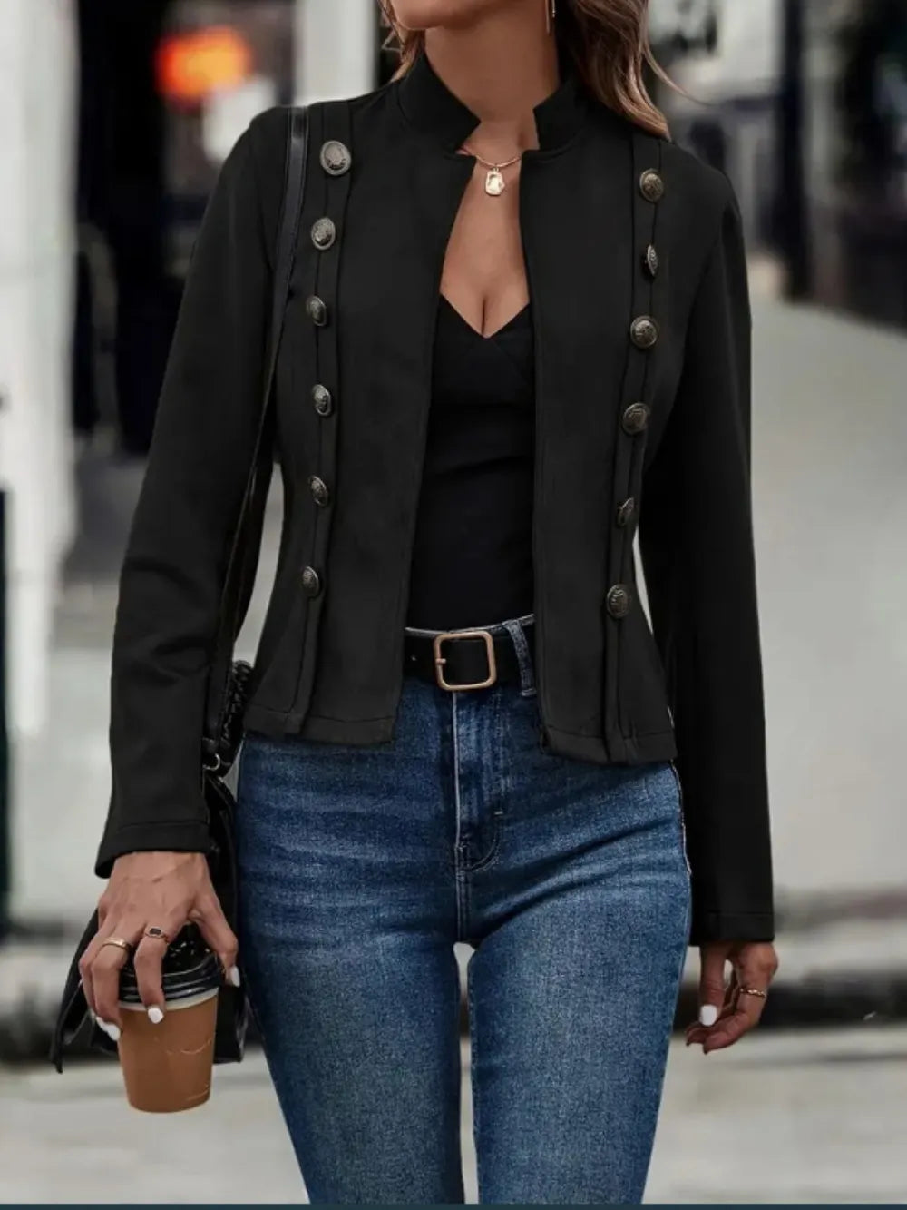 Decorative Button Open Front Long Sleeve Jacket in Black
