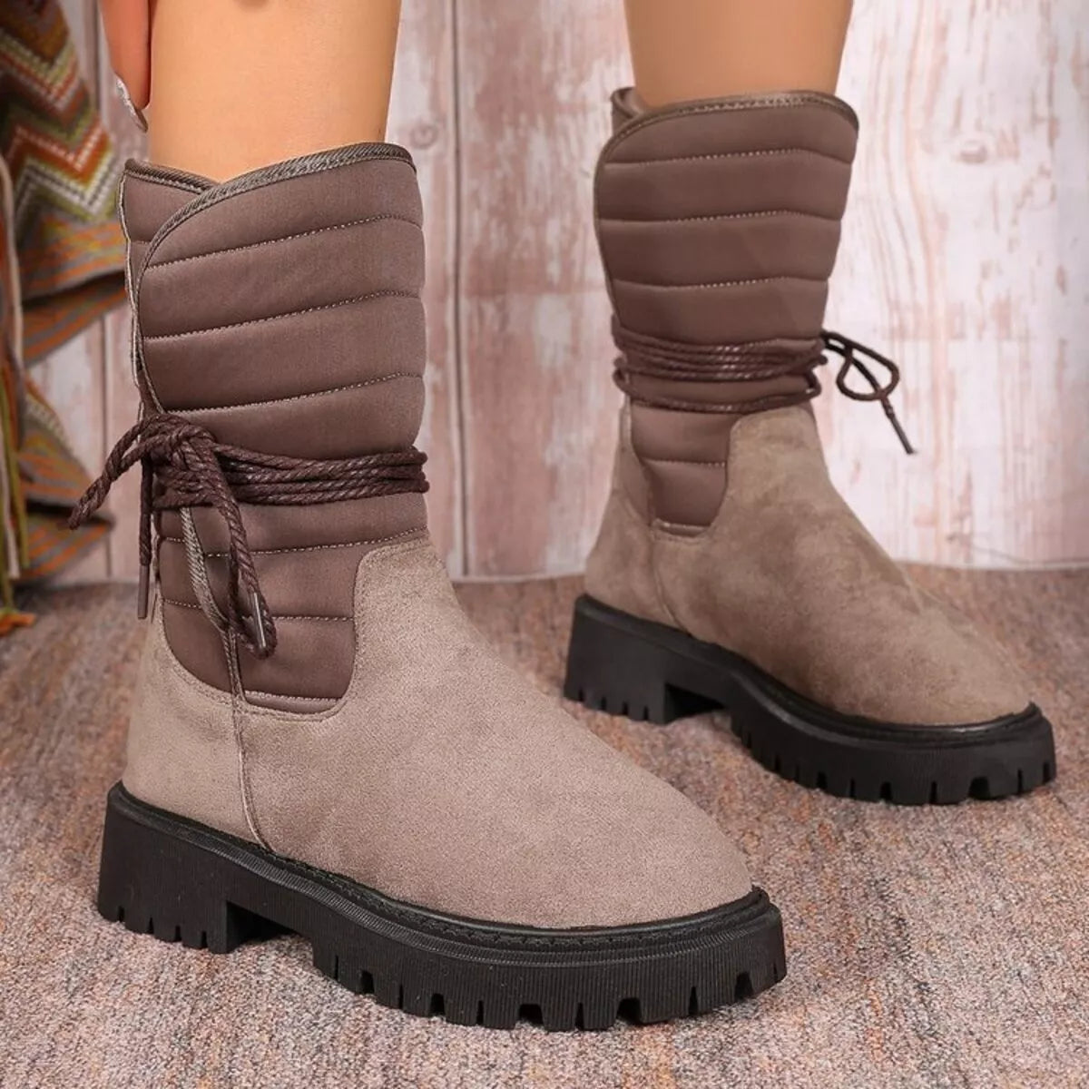 Quilted Lace-Up Mid-Calf Boots in Mocha