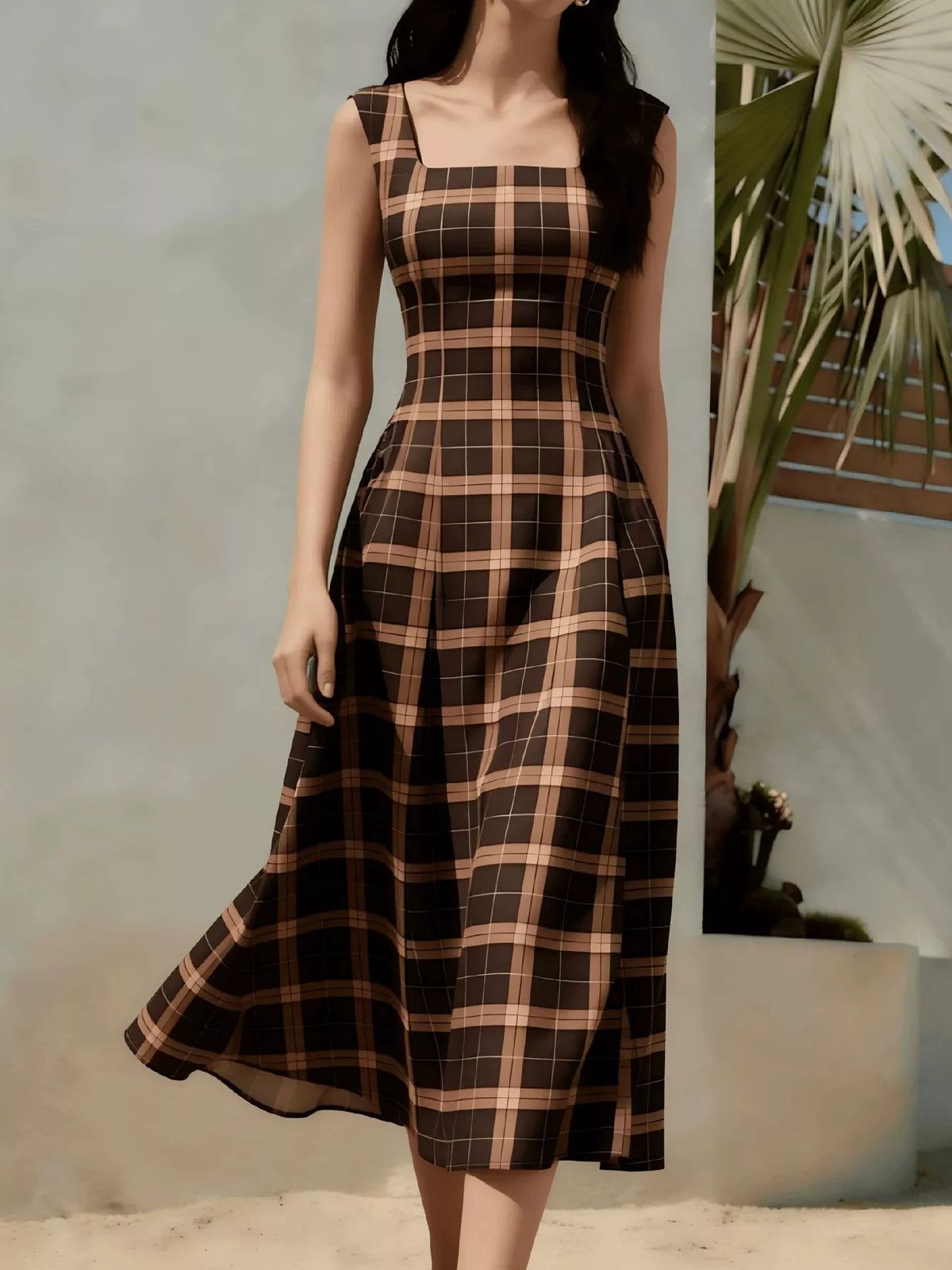 Square Neck Plaid Midi Dress - Lilixa.store