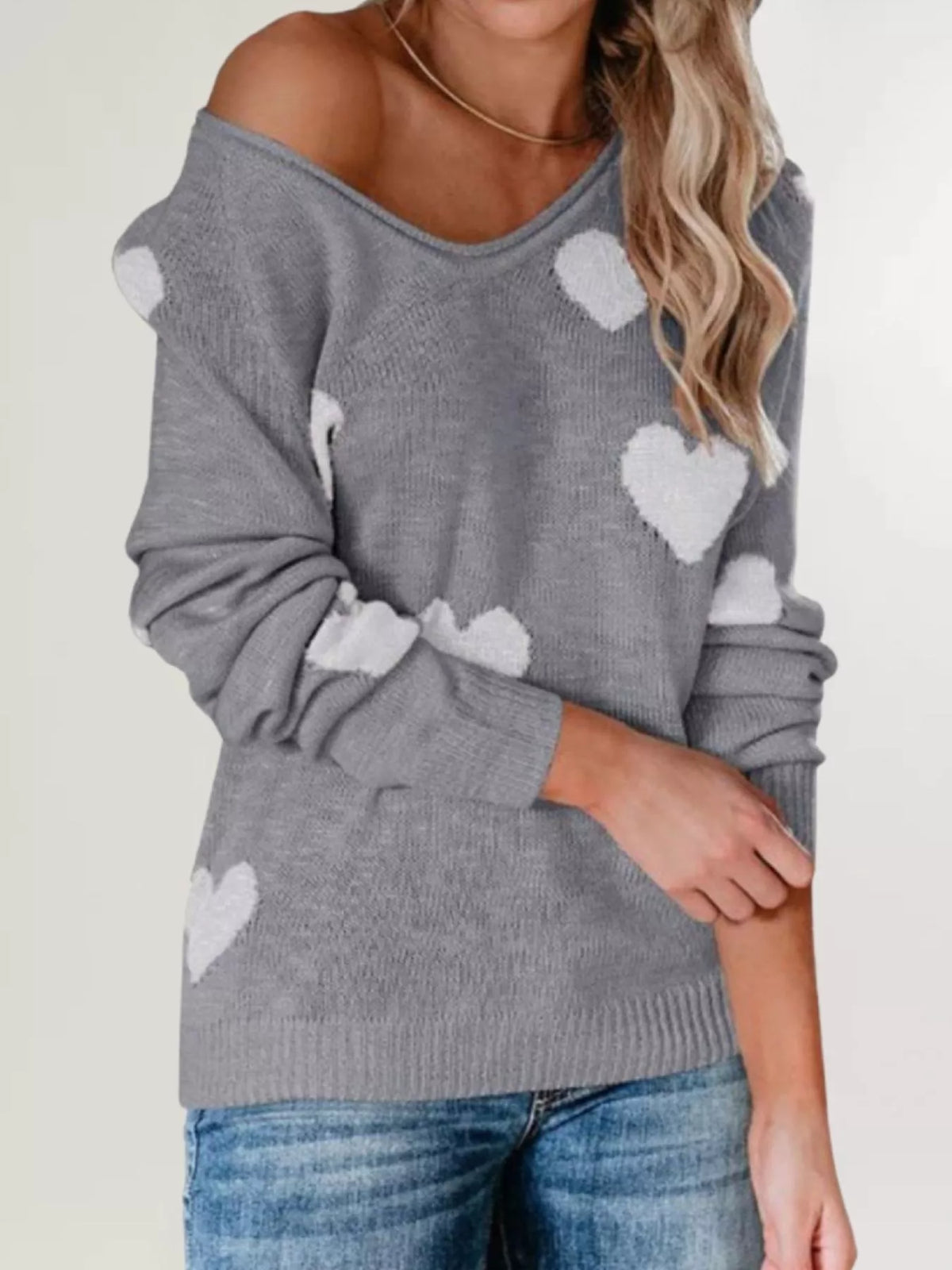 Heart Pattern V-Neck Sweater - Lilixa.store
