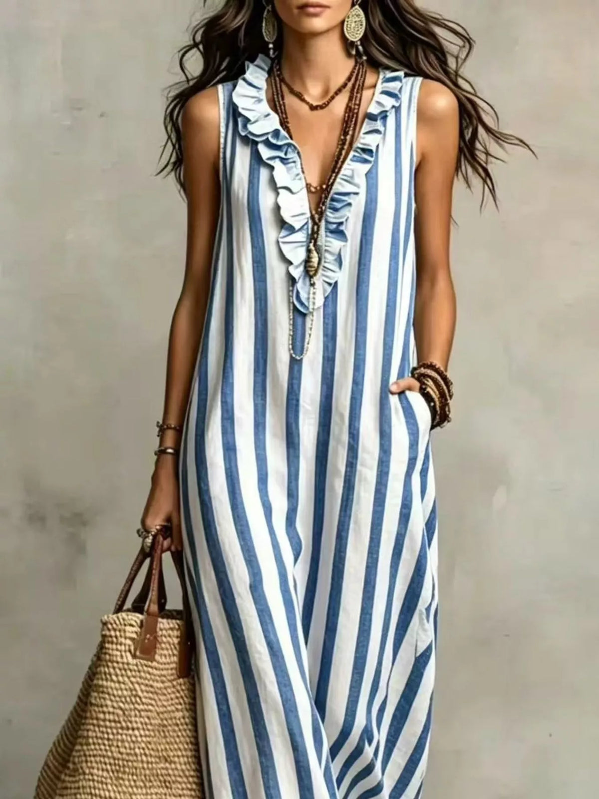 Full Size Sleeveless Striped Ruffle V-Neck Maxi Dress Plus Size - Lilixa.store
