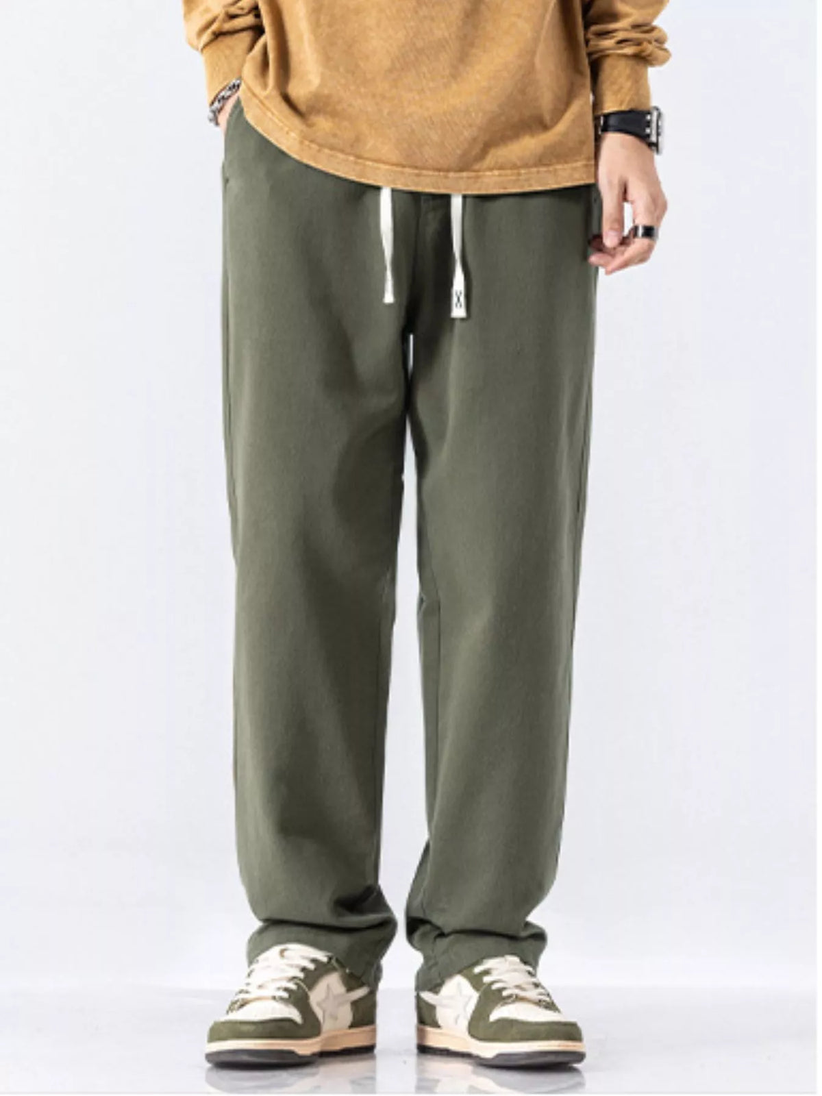 Men's Full Size Casual Loose-Fit Drawstring Pants Plus Size in Military Green