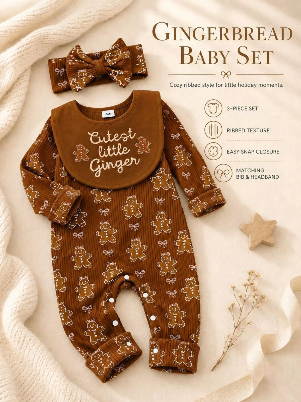 Children's Gingerbread Print Jumpsuit with Headband - Lilixa.store