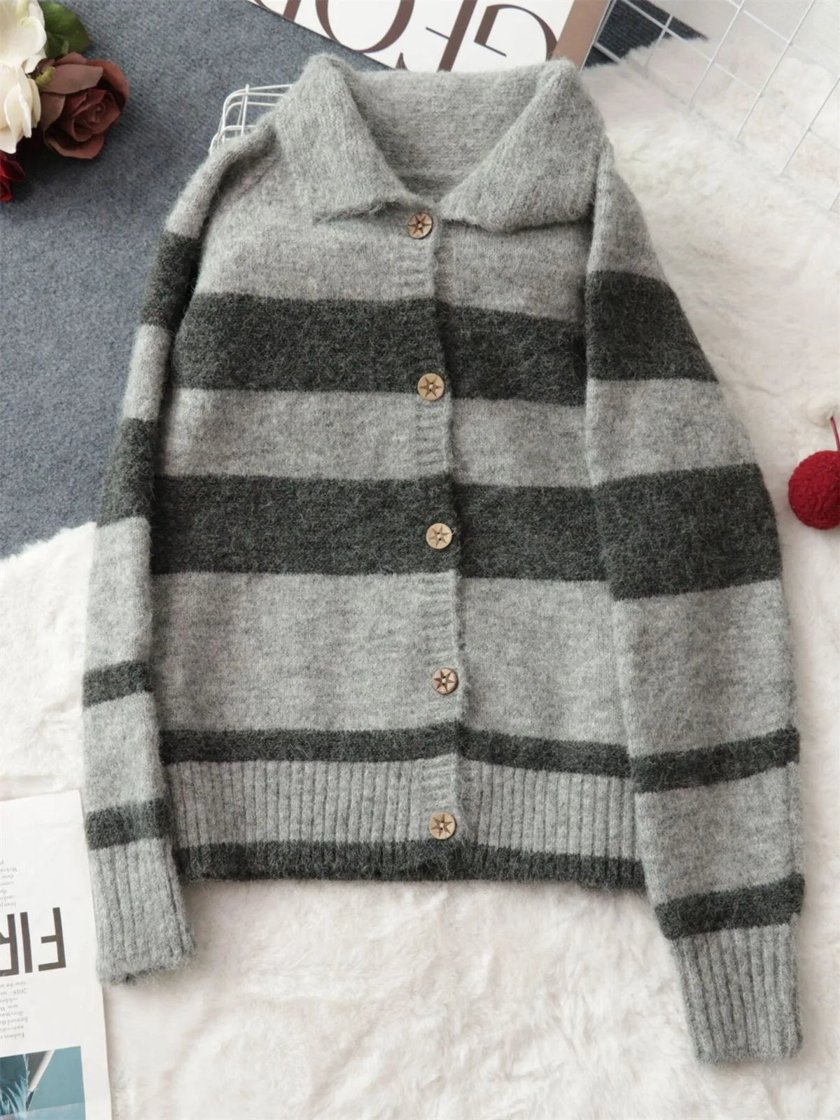 Striped Button-Up Cozy Cardigan - Lilixa.store