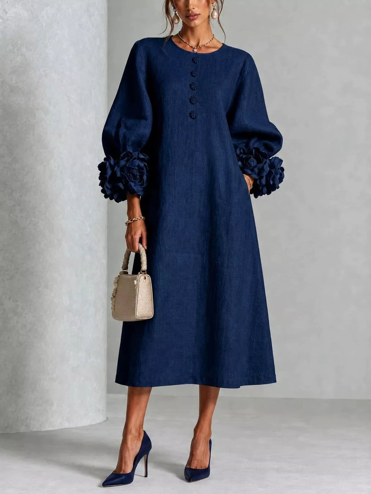 3D Floral Round Neck Midi Dress - Lilixa.store