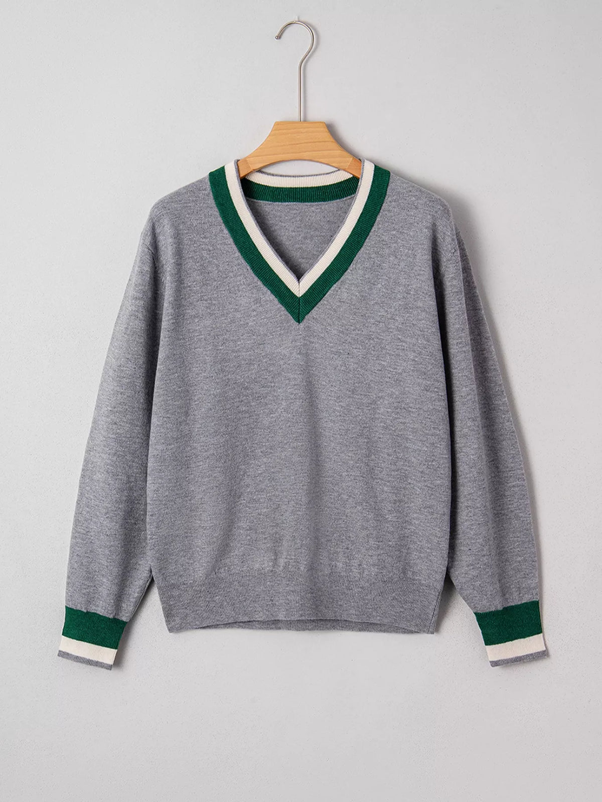V-Neck Striped Trim Long Sleeve Sweater in Gray, view 6