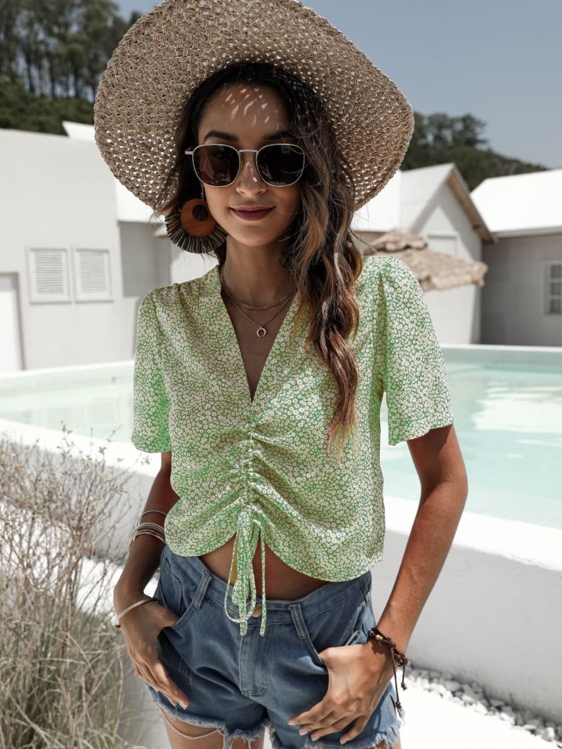 Floral Drawstring Deep V Cropped Blouse, view 2