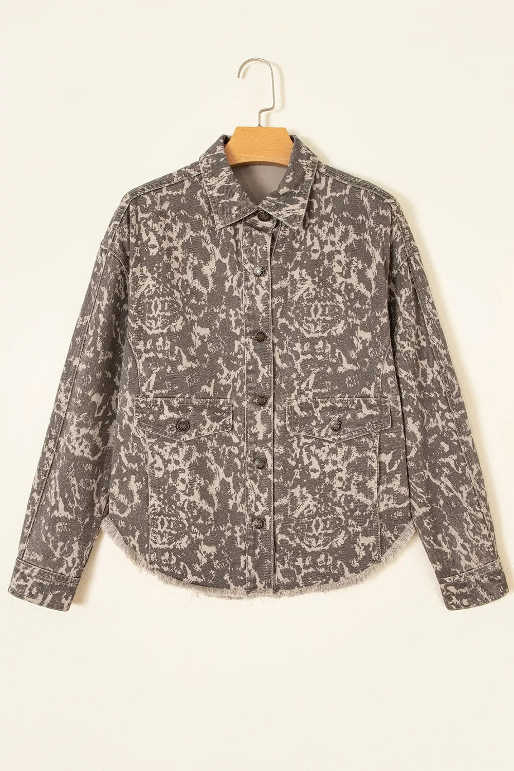 Abstract Print Long Sleeve Collar Raw Hem Denim Jacket in Mocha, view 5