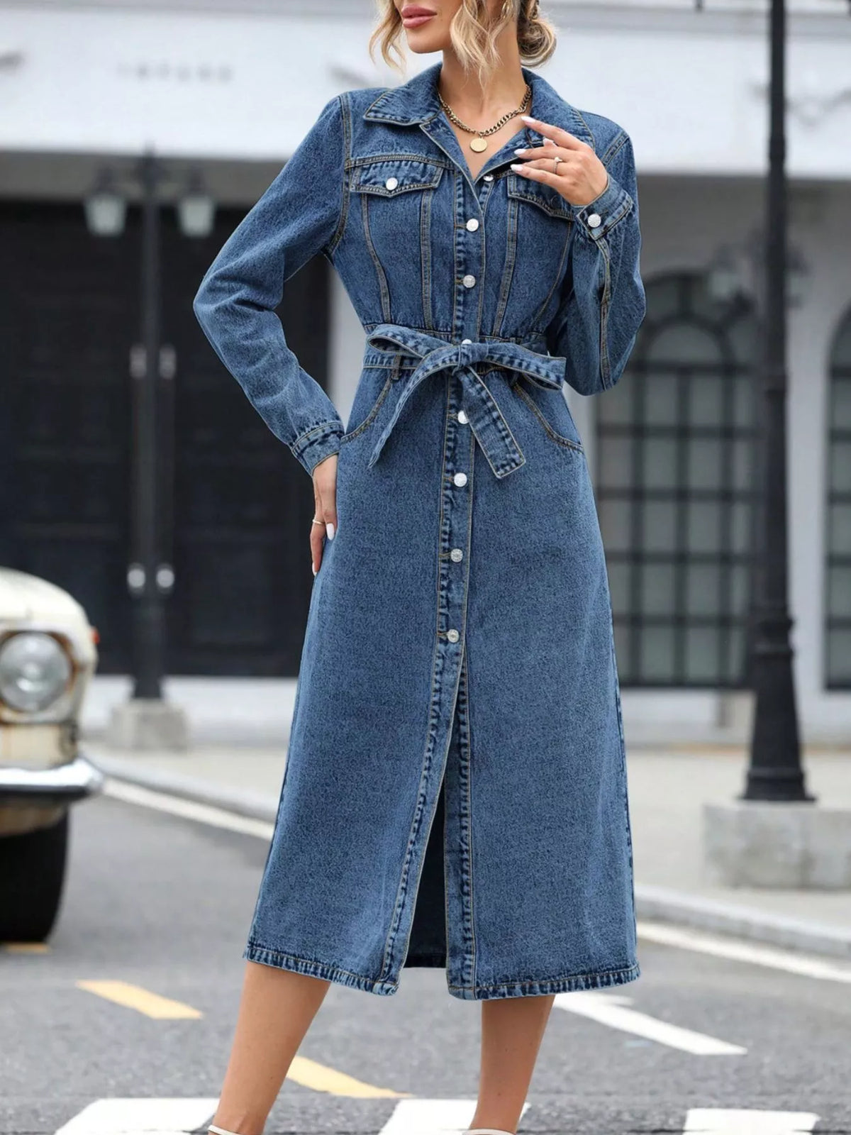 Belted Long Sleeve Denim Dress, view 5