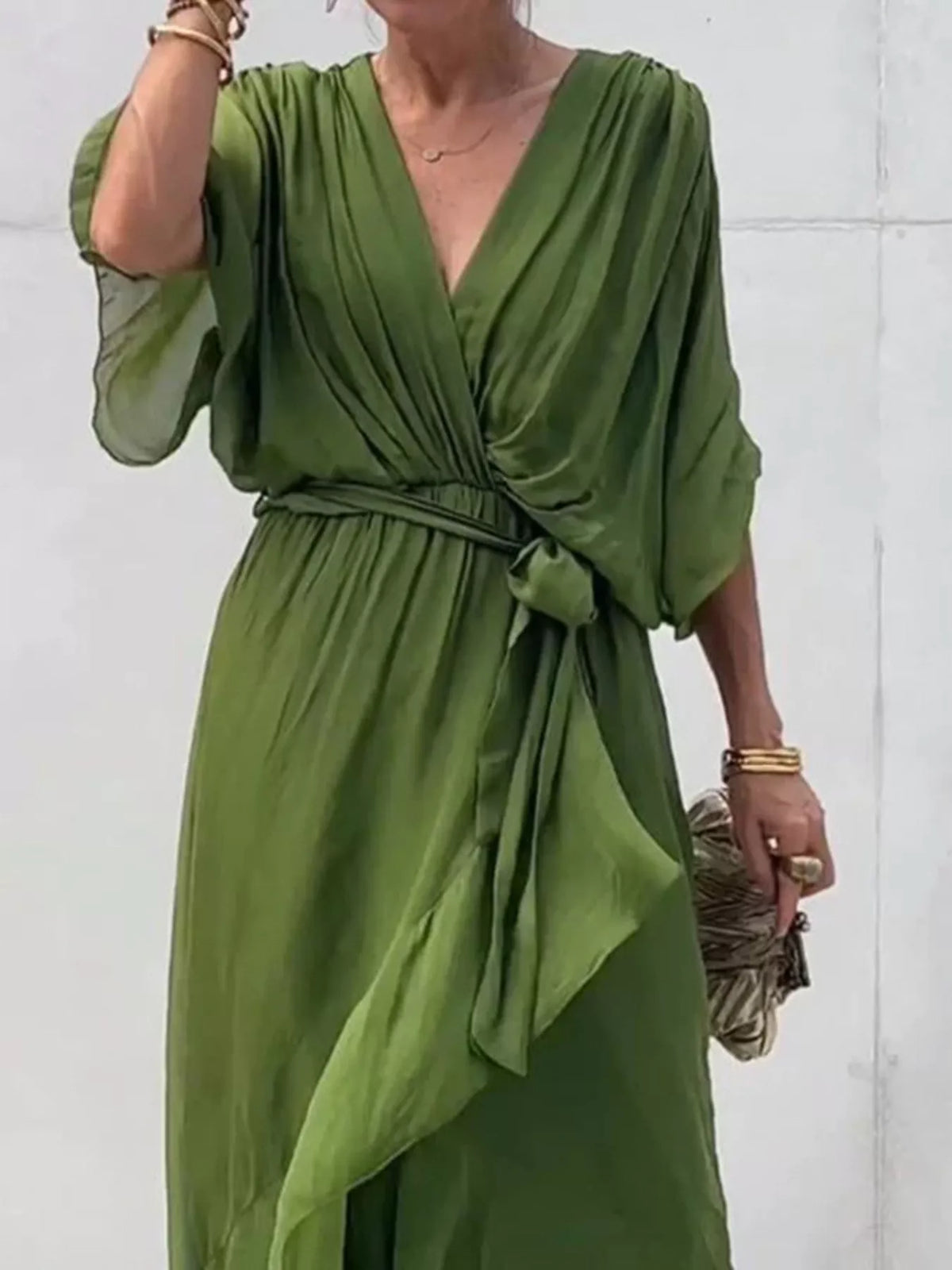 Full Size Chiffon Wrap Dress with Flutter Sleeves Plus Size - Lilixa.store