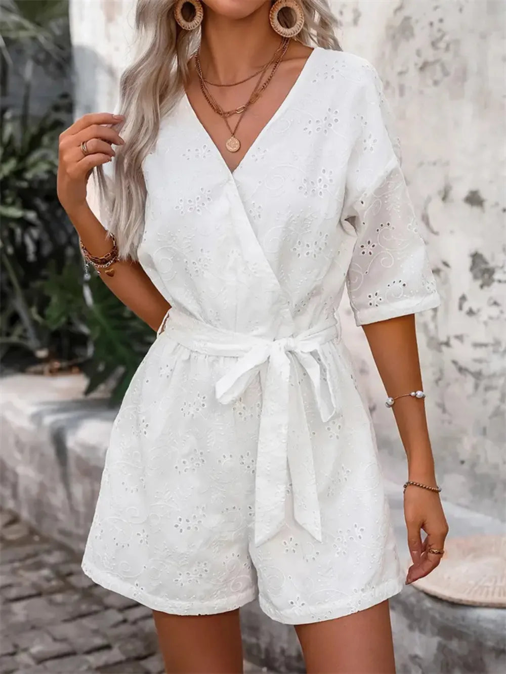 Tied Front Eyelet Romper - Lilixa.store