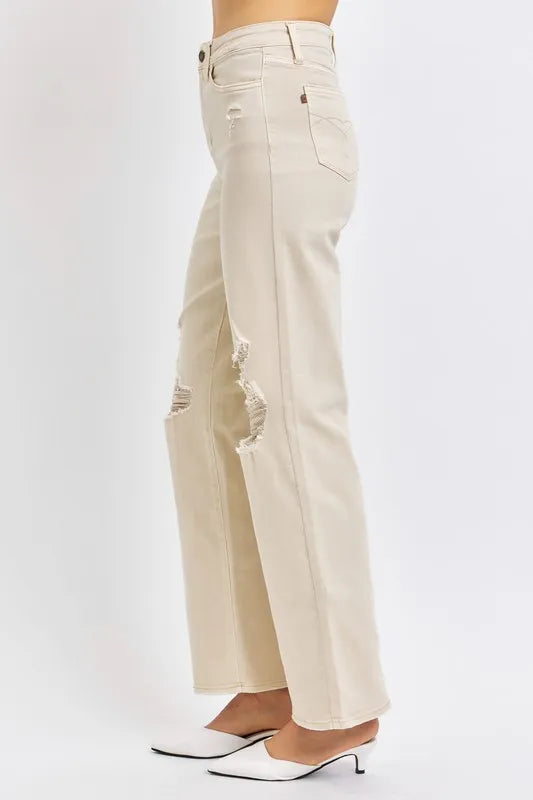 Judy Blue Full Size High Waist Distressed Wide Leg Jeans - Lilixa.store