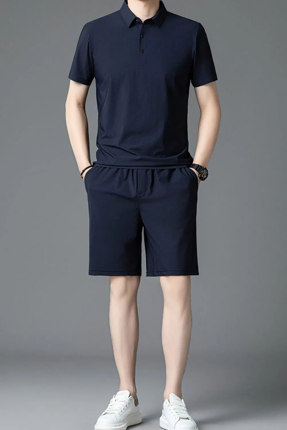 Men's Plus Size Short Sleeve Polo and Shorts Set in Navy Blue