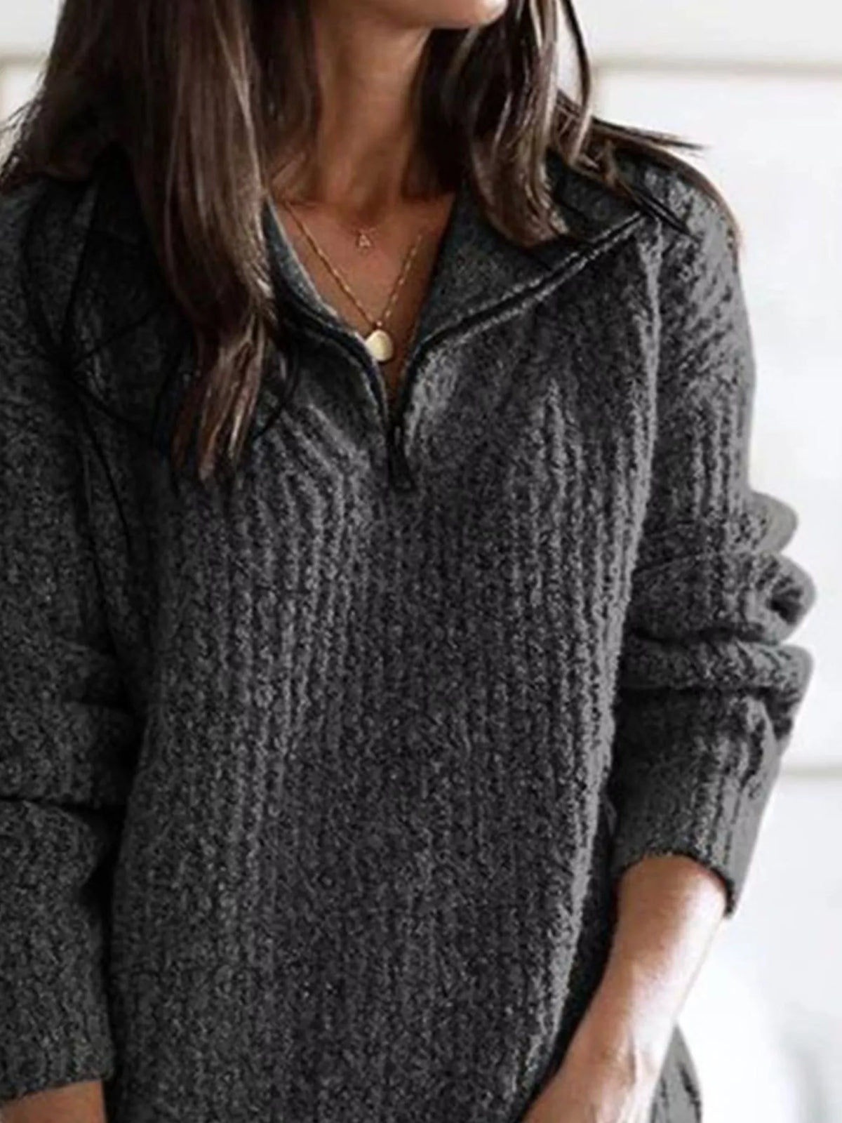 Full Size Half-Zip Textured Sweater Plus Size - Lilixa.store