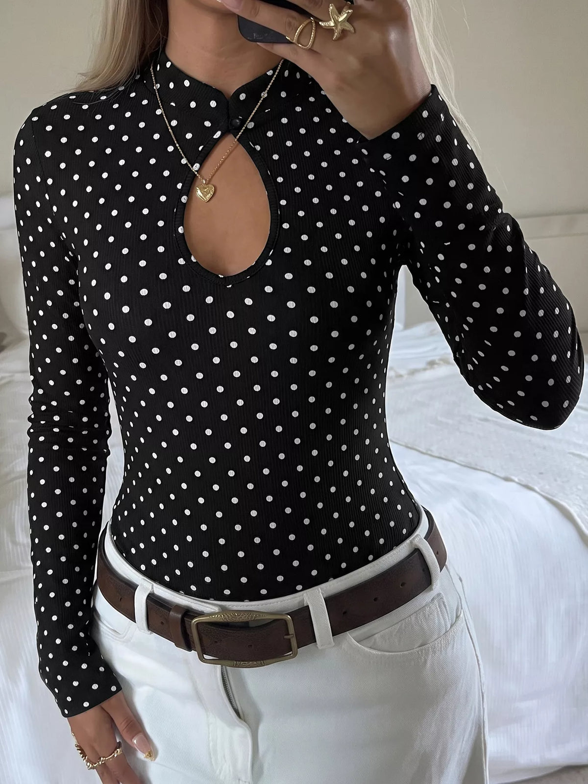 Polka Dot Cutout Long Sleeve Bodysuit