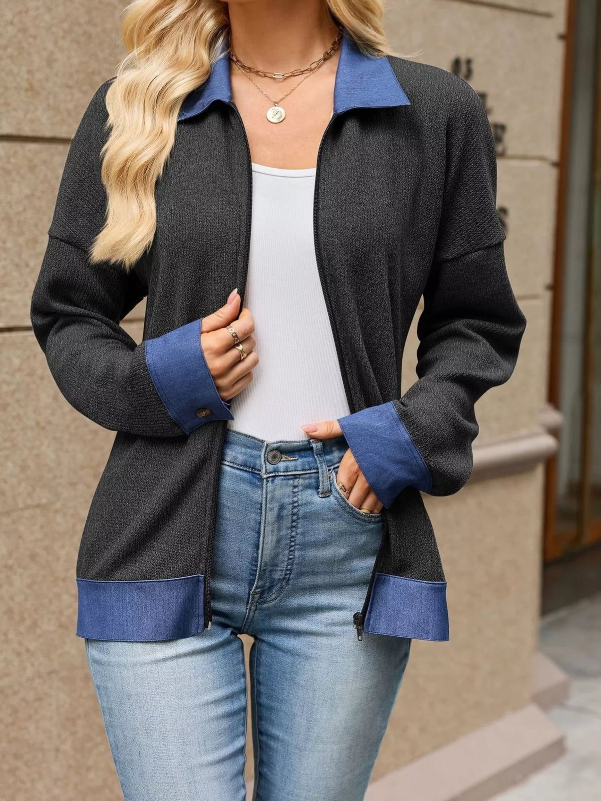 Contrast Denim Collar Zip Up Outerwear - Lilixa.store