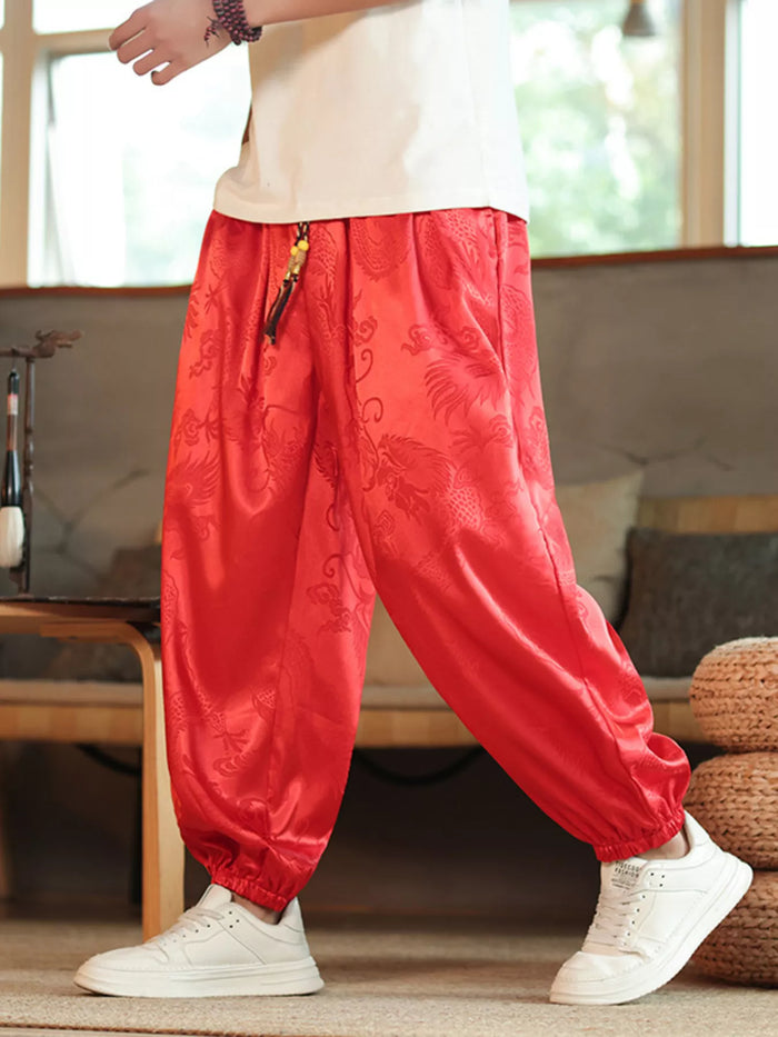 Men's Plus Size Dragon Pattern Silk Harem Pants in Wine Red