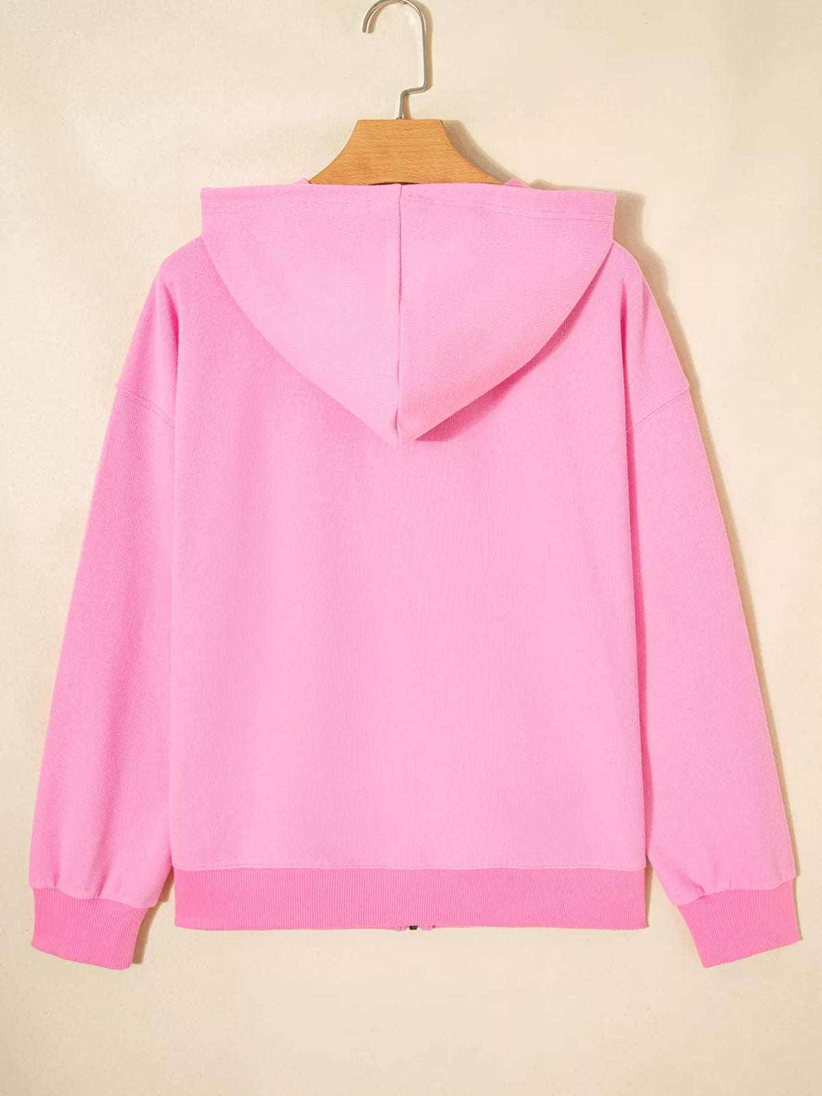 Solid Color Ribbed Zip Up Drawstring Hooded Jacket in Pink, view 4