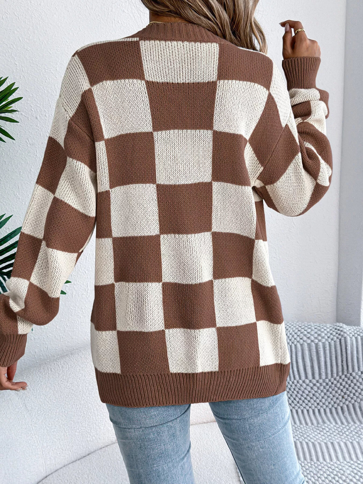 Checkerboard Pattern Open Front Knit Cardigan - Lilixa.store