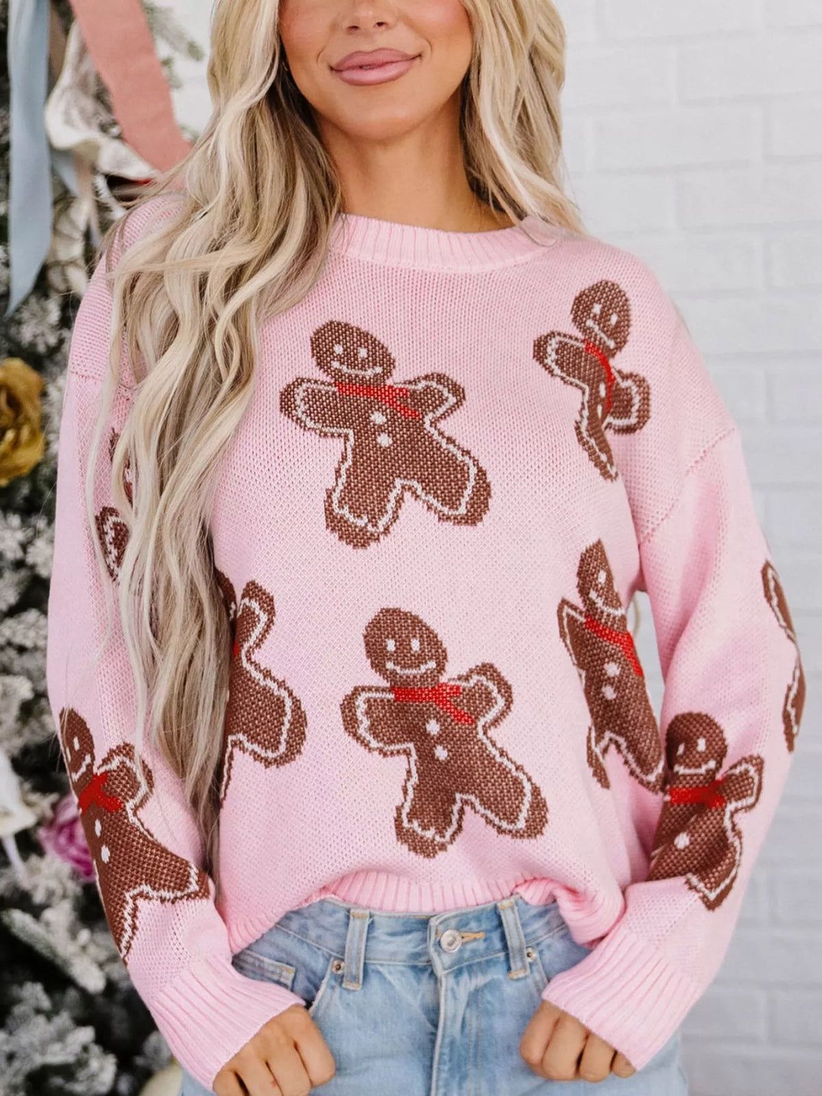 Gingerbread Pattern Round Neck Long Sleeve Shift Sweater