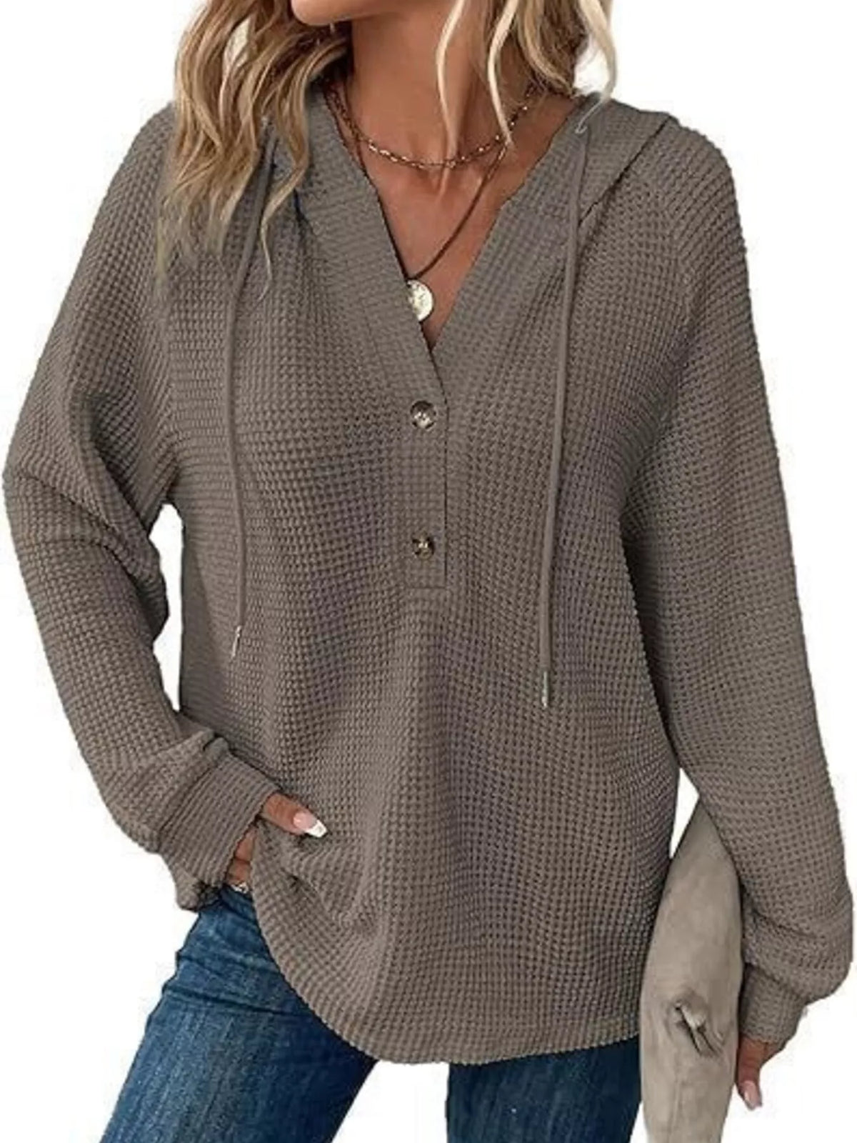 Full Size Waffle Knit Half-Button Hoodie Plus Size - Lilixa.store
