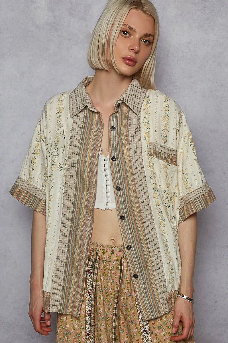 POL Printed Button Down Patchwork Short Sleeve Shirt in Cream Multi