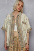 POL Printed Button Down Patchwork Short Sleeve Shirt in Cream Multi