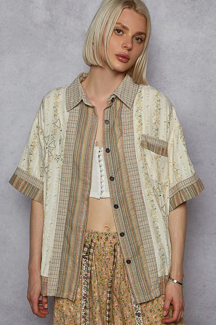 POL Printed Button Down Patchwork Short Sleeve Shirt - Lilixa.store