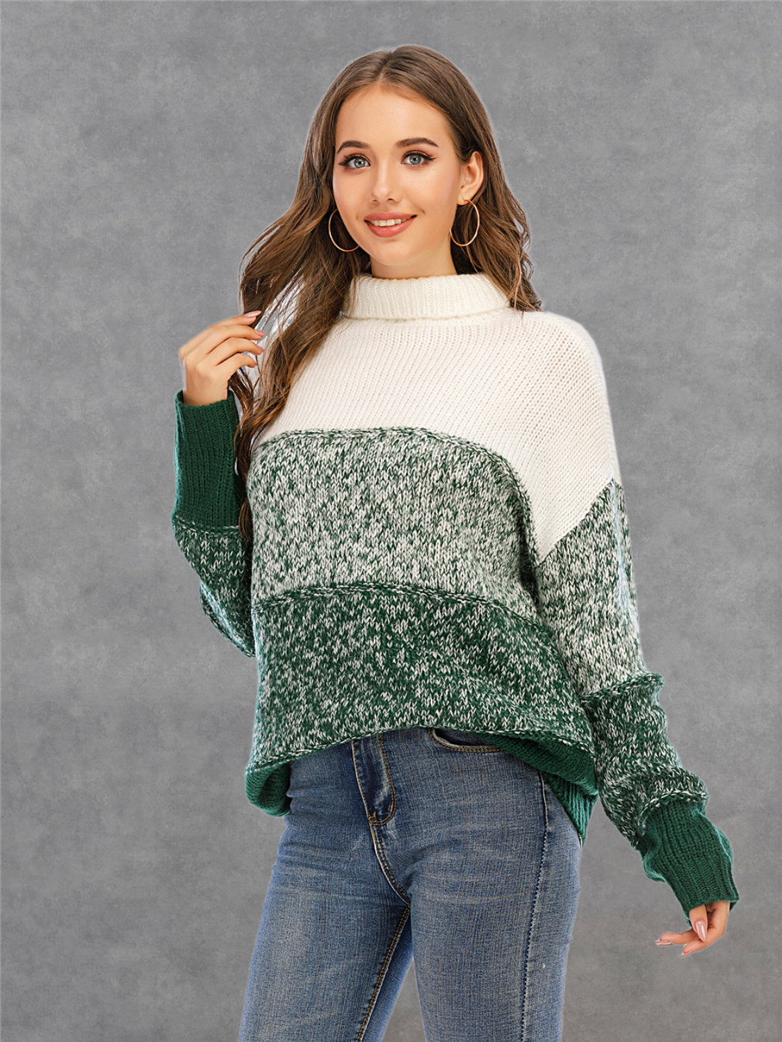 Angel Wings Color Block Turtleneck Sweater in Green
