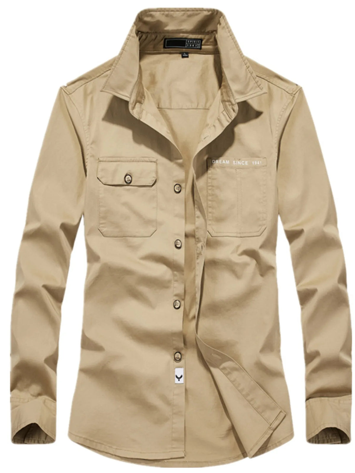 Men's Plus Size Casual Long Sleeve Shirt with Dual Chest Pockets in Khaki
