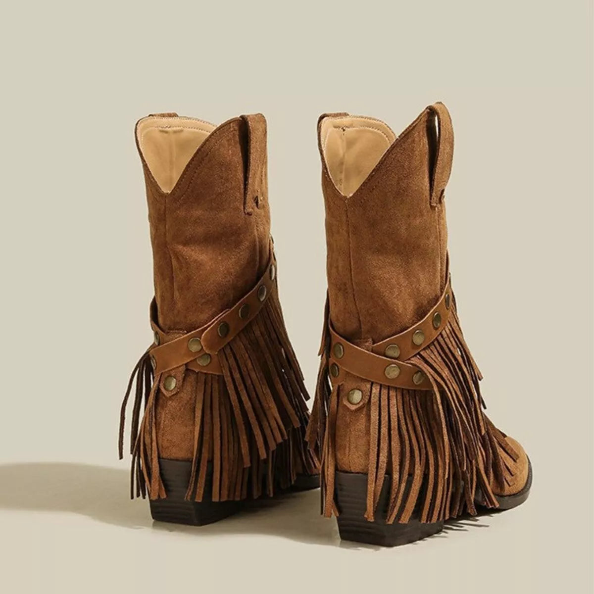 Vintage Suede Western Fringe Boots with Studded Straps, view 3