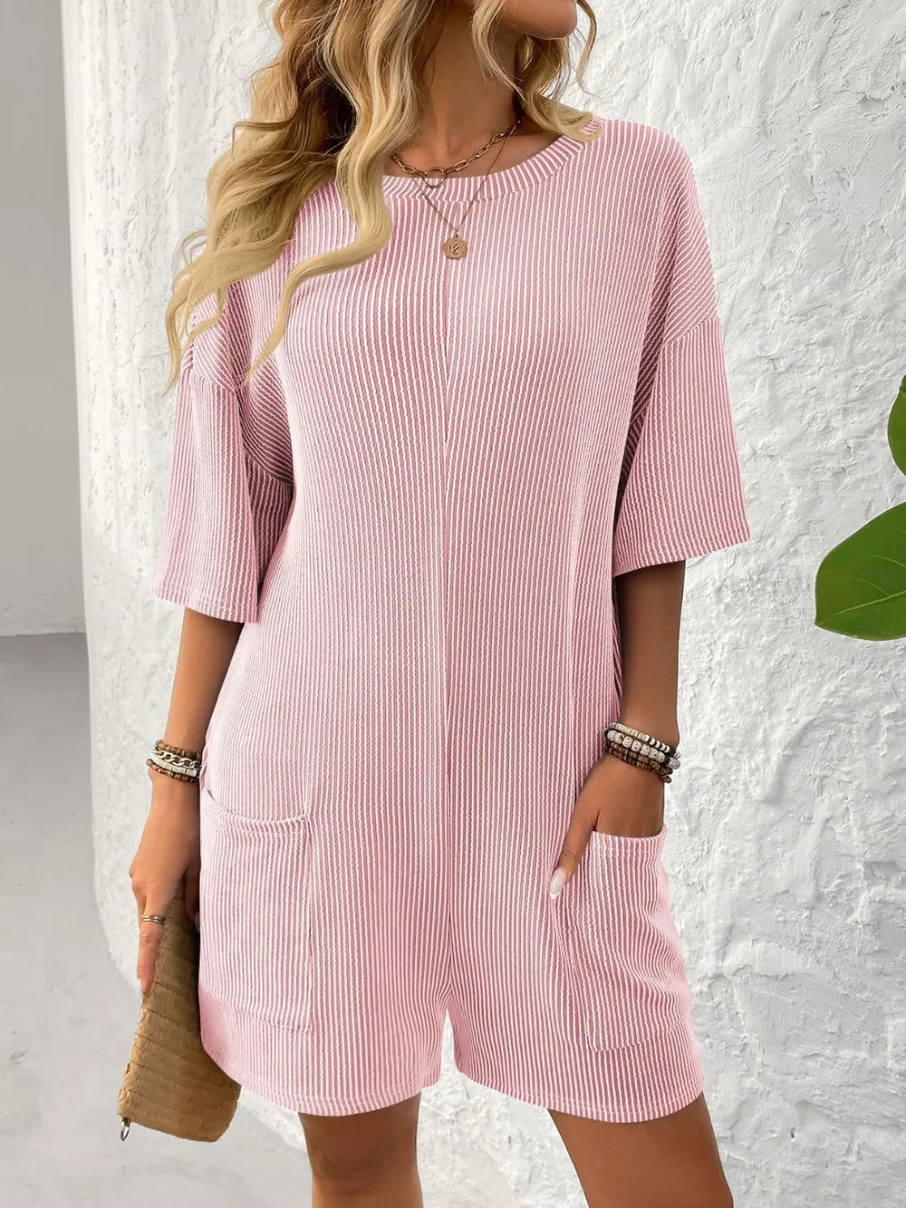 Backless Textured Round Neck Half Sleeve Romper - Lilixa.store