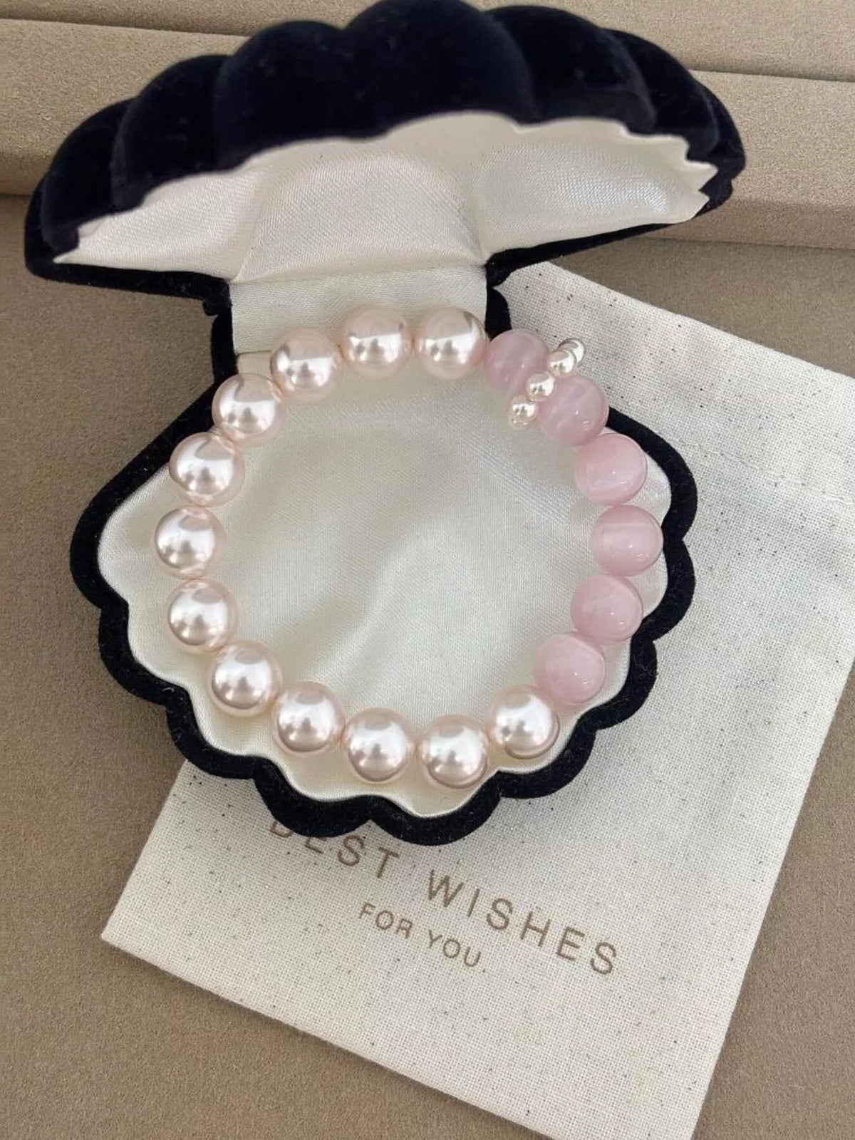 Pearl & Cat's Eye Stone Bracelet in Blush Pink, view 4