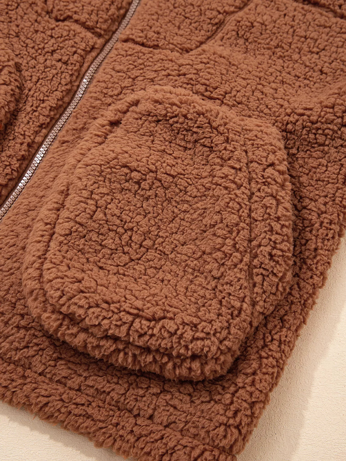 Zip Up Hooded Sherpa Jacket in Caramel, view 14