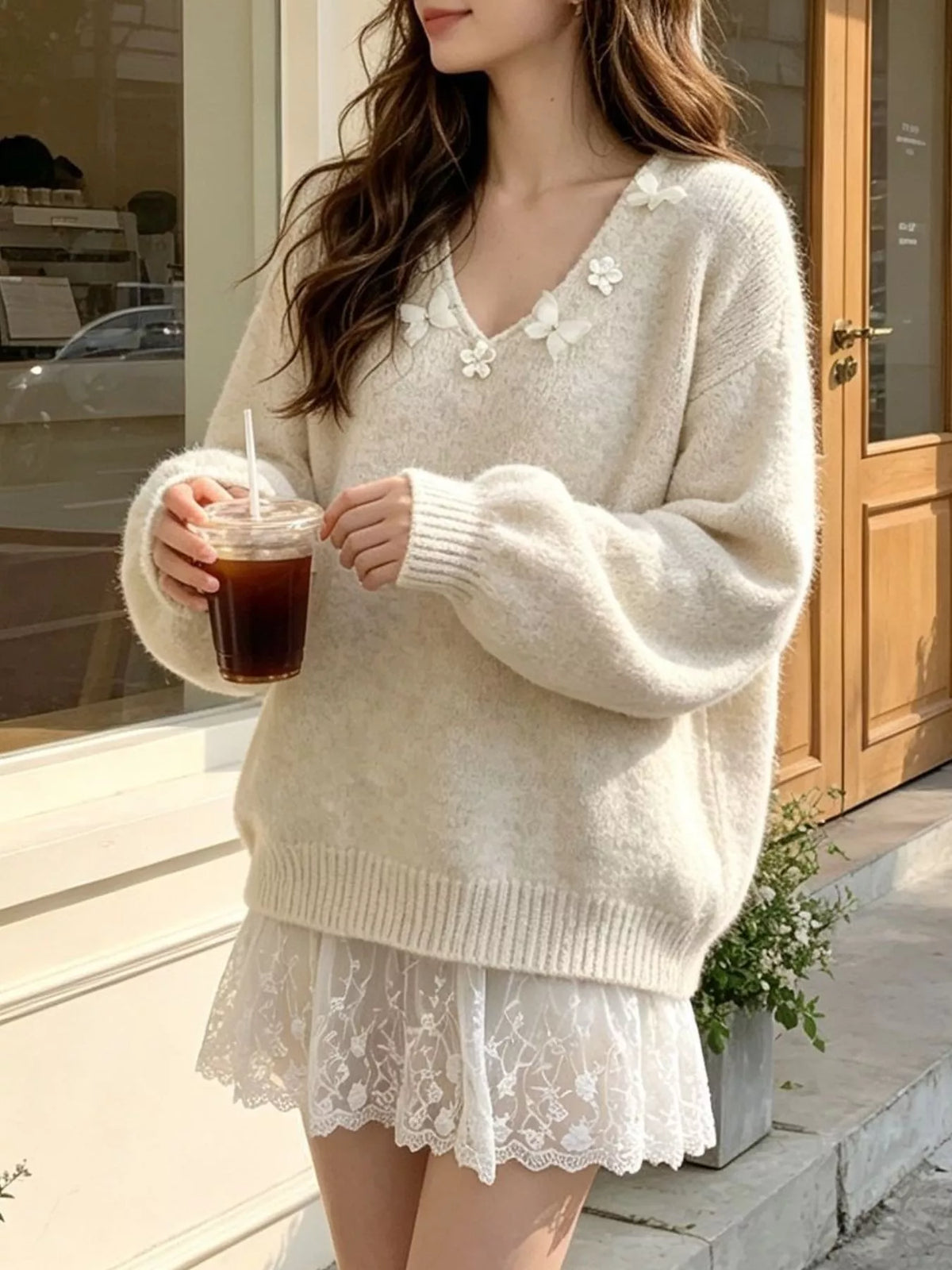 V-Neck Floral Applique Lace Hem Sweater, view 7