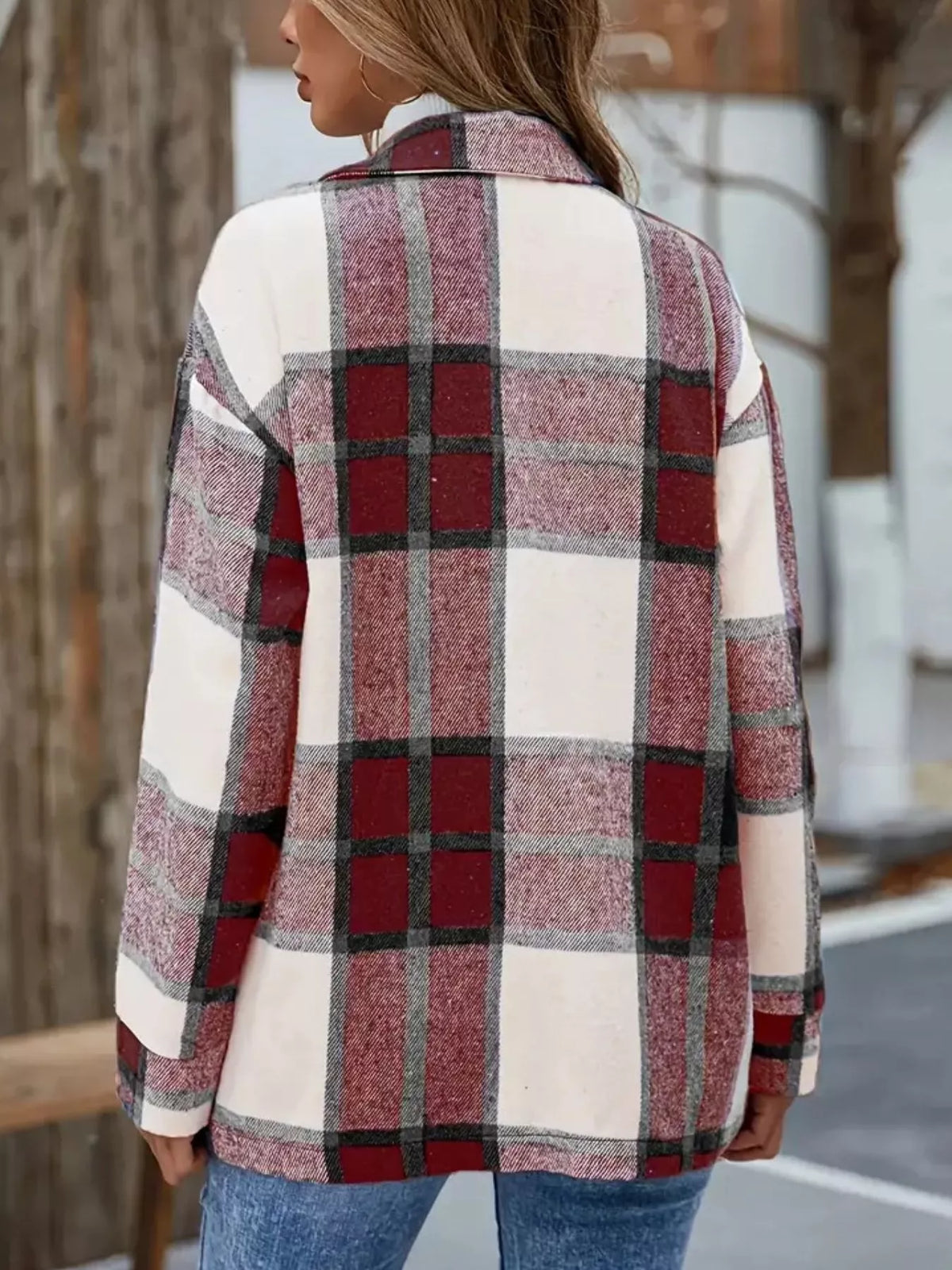 Plaid Button-Up Long Sleeve Shacket, view 5