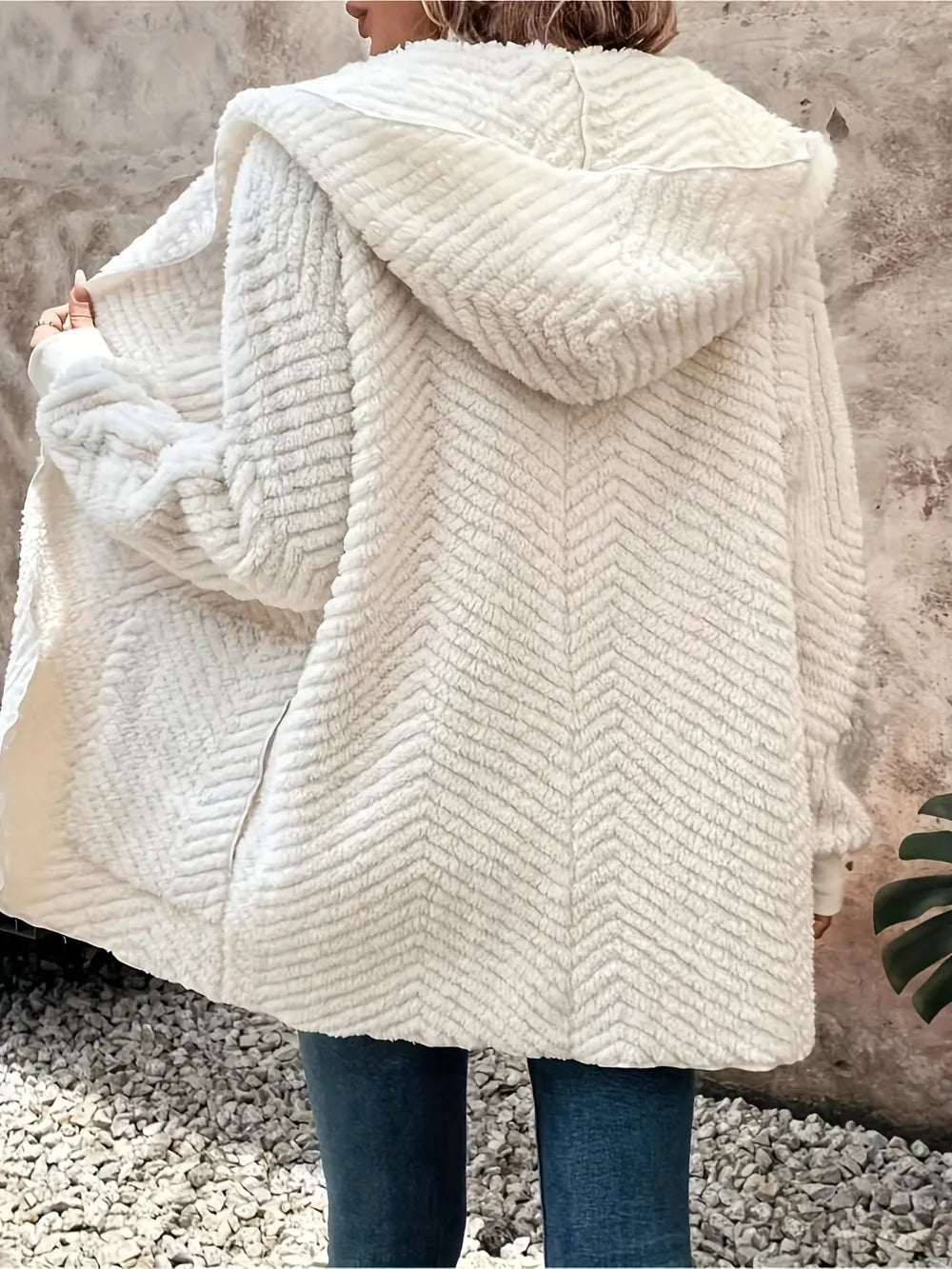 Open Front Long Sleeve Hooded Fuzzy Cardigan in Ivory, view 5