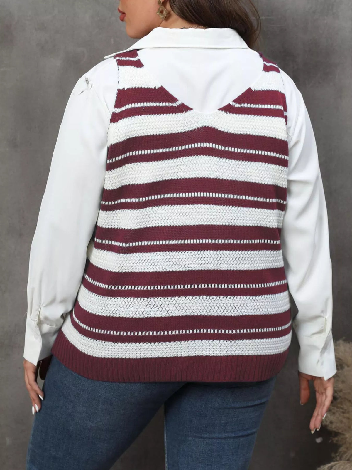 Plus Size Striped V-Neck Knit Sweater Vest - Lilixa.store