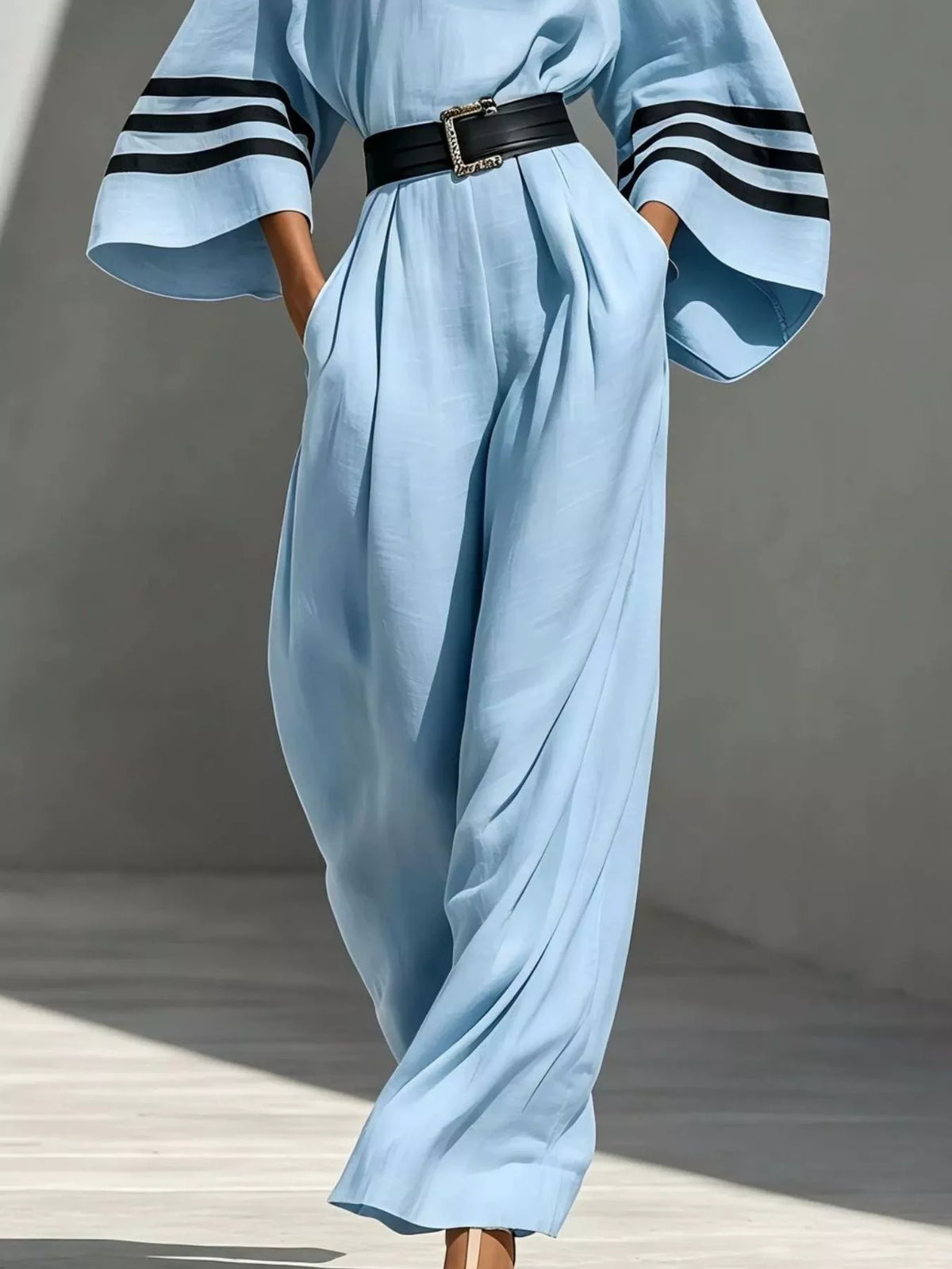 Wide Sleeve and Contrast Striped Jumpsuit, view 4