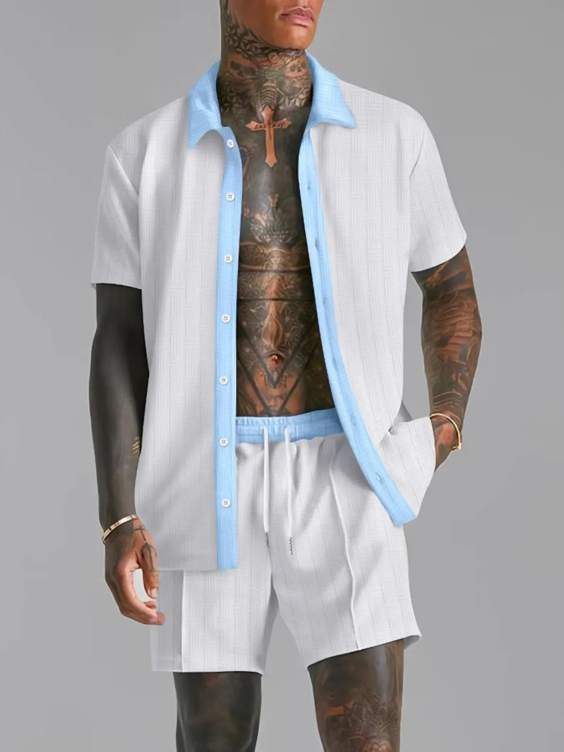 Men's Full Size Collared Neck Short Sleeve Top and Shorts Set Plus Size in White