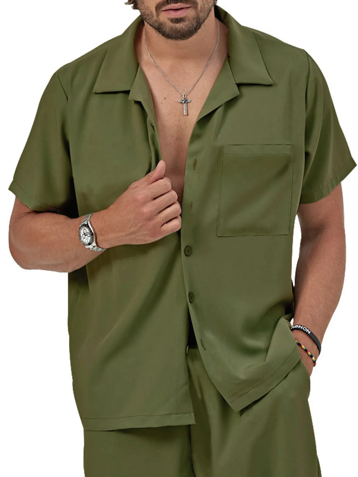 Men's Plus Size Button Up Short Sleeve Shirt and Shorts Set