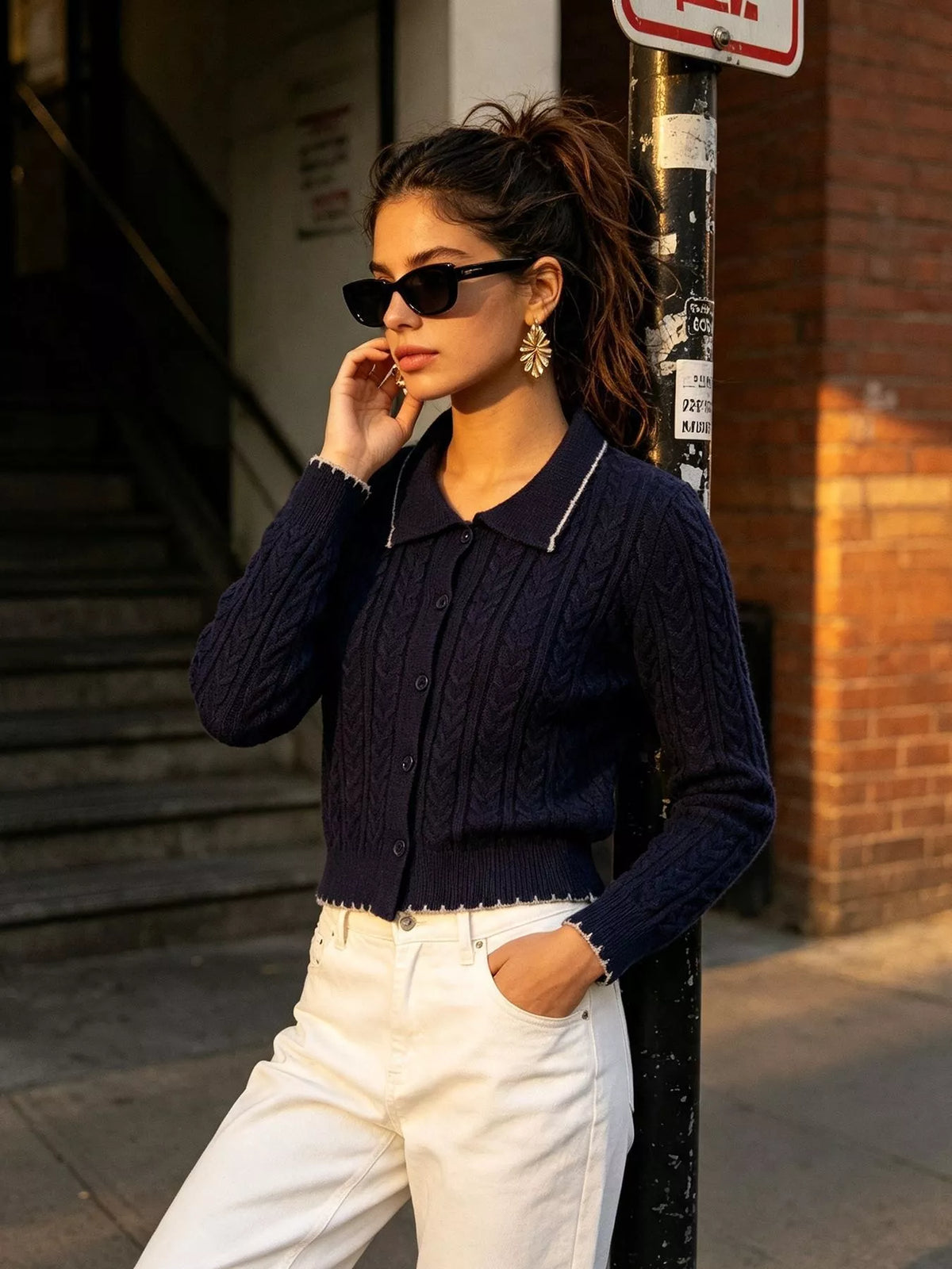 Cable Knit Polo Collar Button-Up Cardigan in Navy Blue