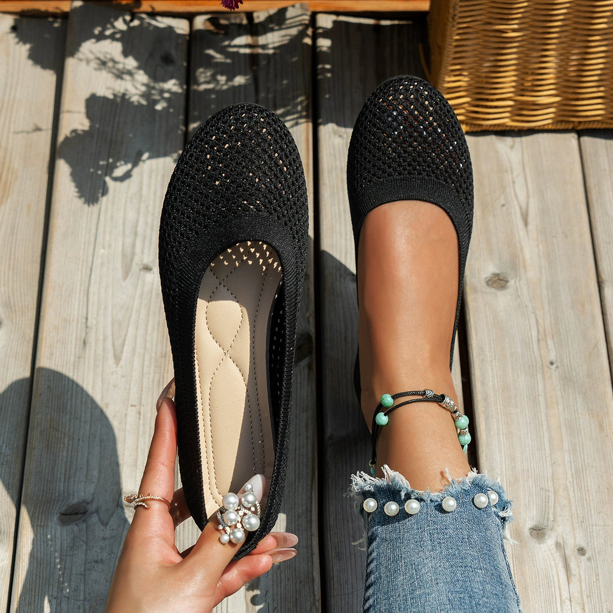 Solid Color Mesh Flat Slip-Ons in Black