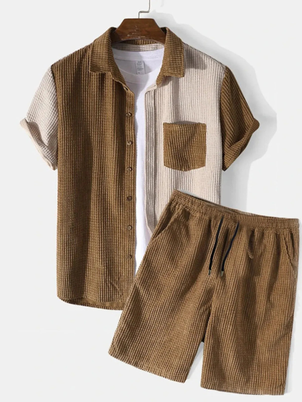 Men's Full Size Color Block Button Up Shirt and Shorts Set Plus Size in Brown
