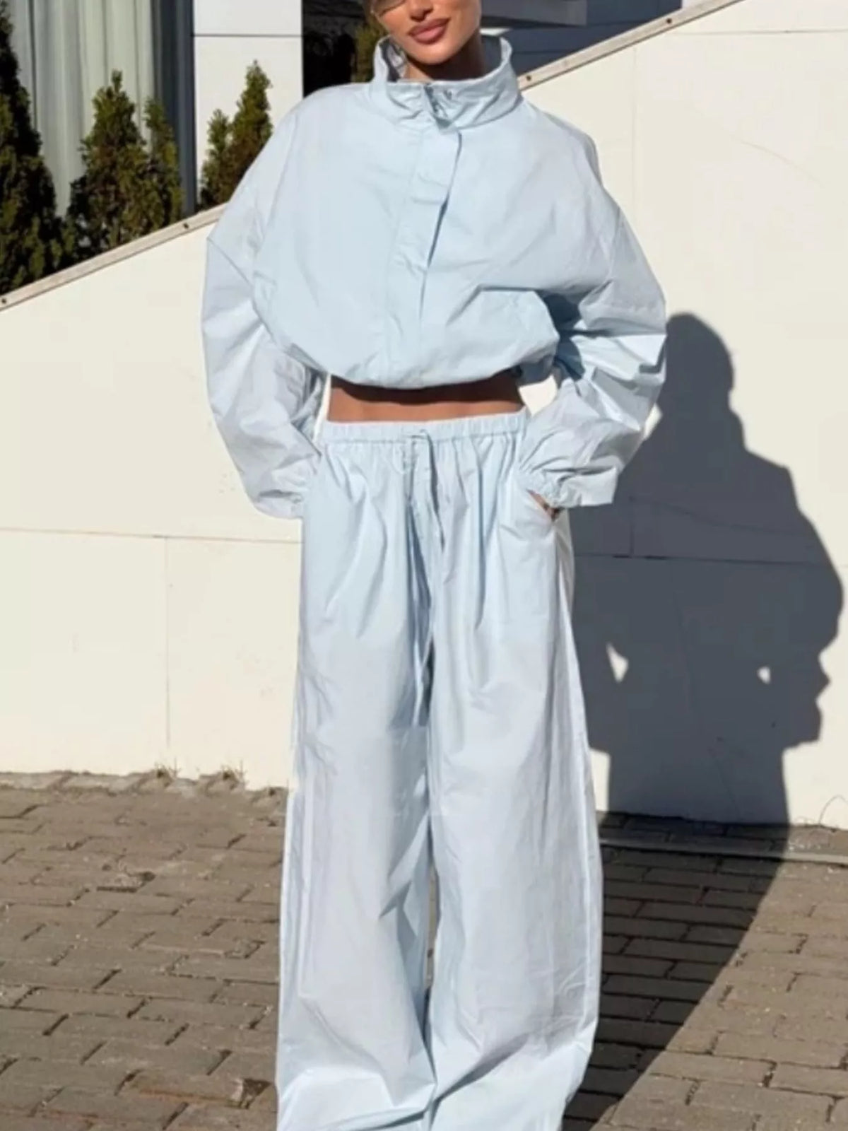 Drawstring Hem Crop Jacket and Wide-Leg Pant Set, view 12