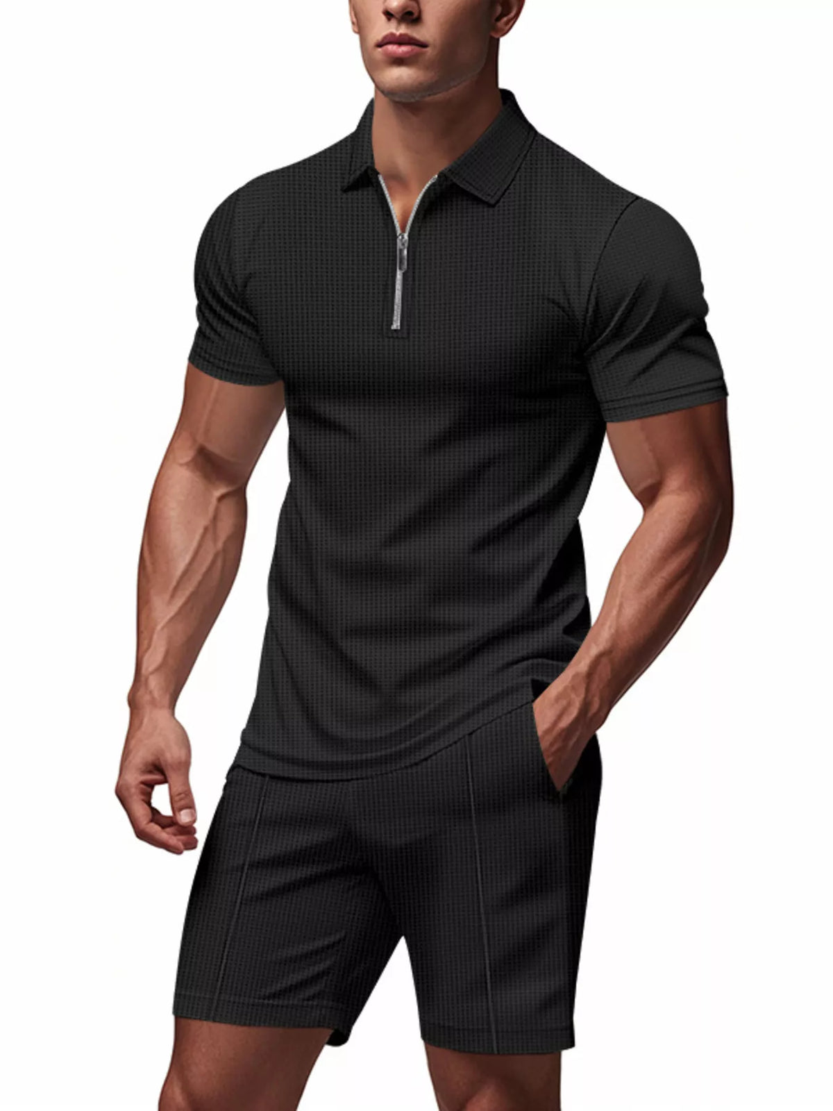 Men's Plus Size Quarter Zipper Polo Shirt and Shorts Set