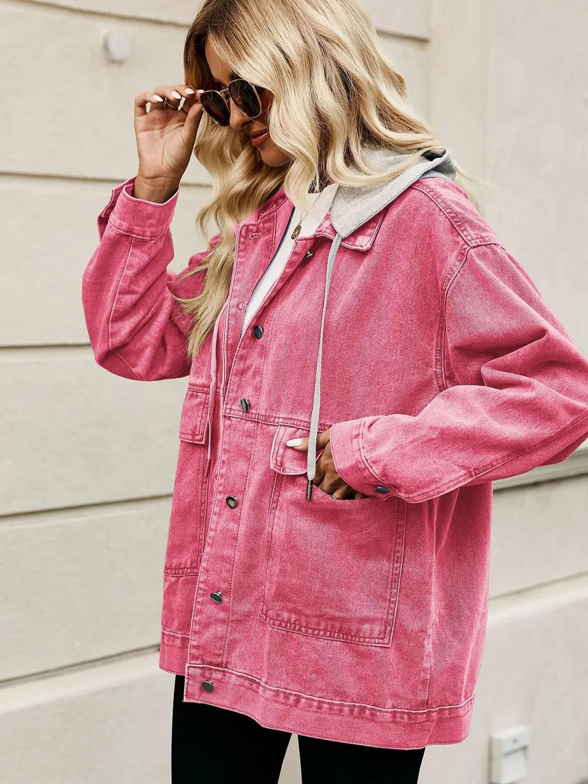 Oversized Button Up Denim Jacket with Hood, view 2