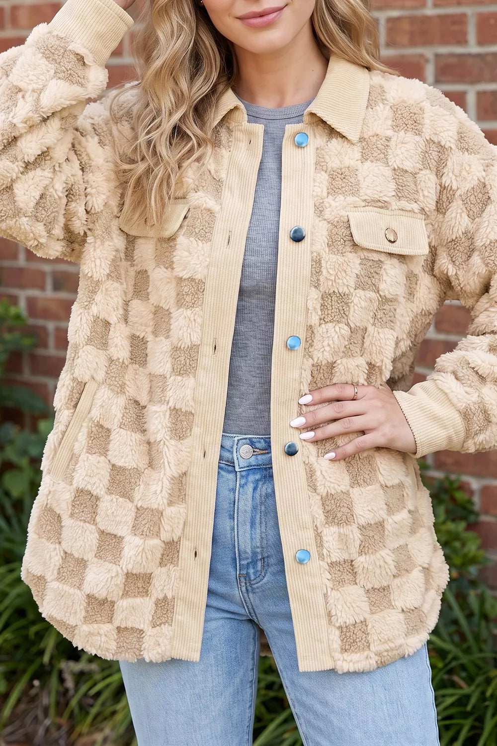 Plush Checkered Corduroy Trim Metal Button Long Sleeve Shift Silhouette Shacket - Lilixa.store