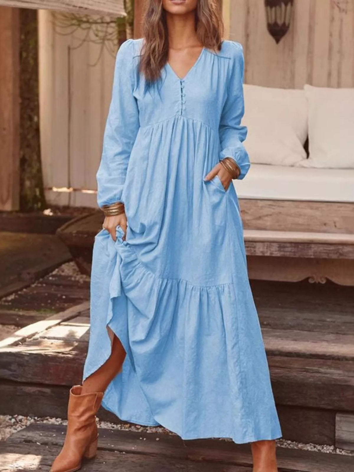 Full Size V-Neck Long Sleeve Tiered Maxi Dress with Pockets Plus Size - Lilixa.store